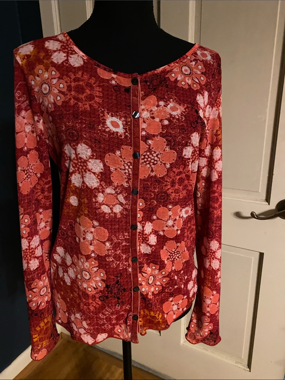 J. Jill Red Floral Button-Front Long Sleeve Shirt S